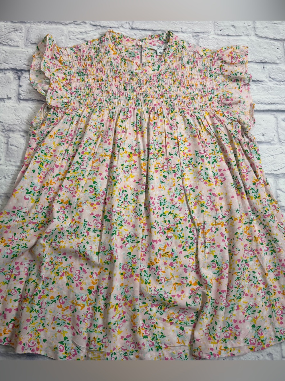 crown & ivy Pink Floral Ruffle Smocked Top with Yellow & Green Accents. Large.